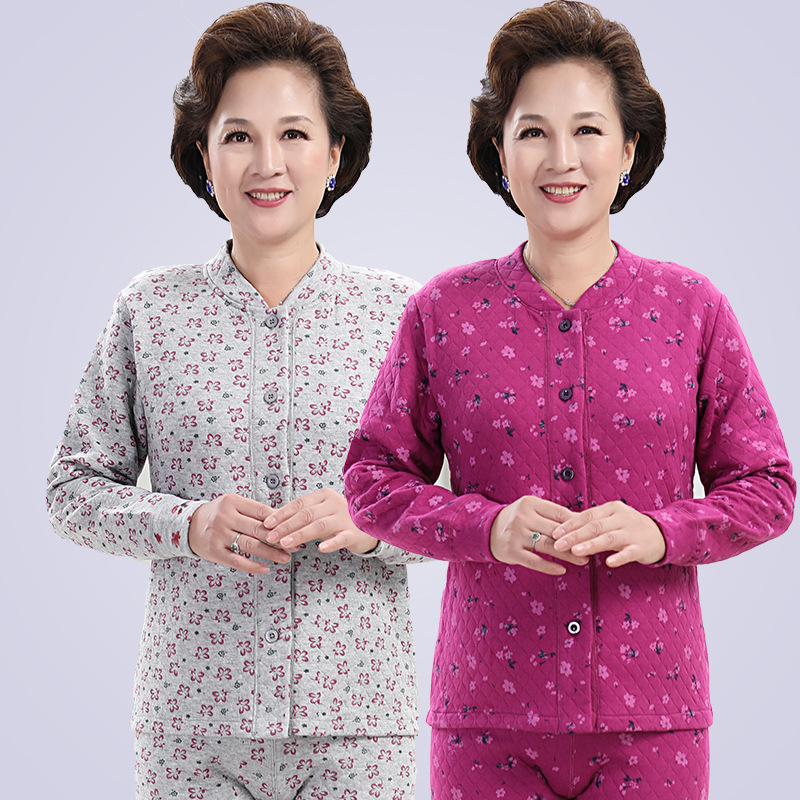 中老年女士空气棉开衫妈妈保暖内衣女冬季开襟宽松秋衣秋裤套装