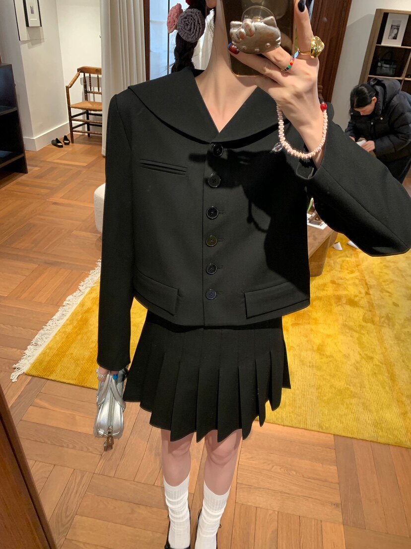 le rouge周美美  春日专属学院派海军领短款小西装百褶短裙套装
