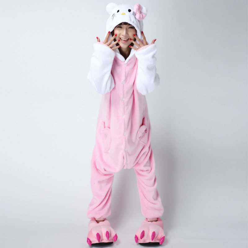 加厚冬季如厕法兰绒卡通动物连体白袖KT凯蒂猫睡衣男女情侣家居服