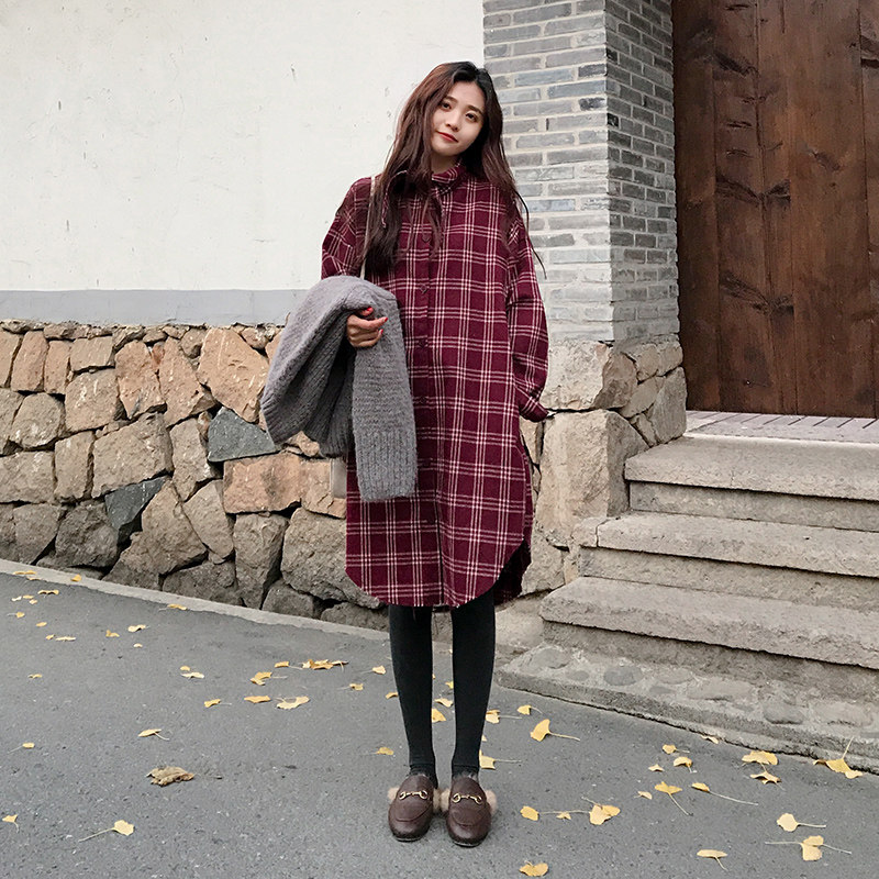 pregnant woman Autumn and winter Dress Retro lattice Brushed Shirt dress Long sleeve Korean Edition Easy Mid length version Primer jacketin the Maternity/Maternal supplies/Nutrition , Maternity , Dress  category - from Buy2taobao.com to provide professional Taobao agent buy service