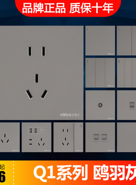 NVC雷士电工Q1灰色墙壁暗装5孔空调86型USB五孔开关插座无框面板