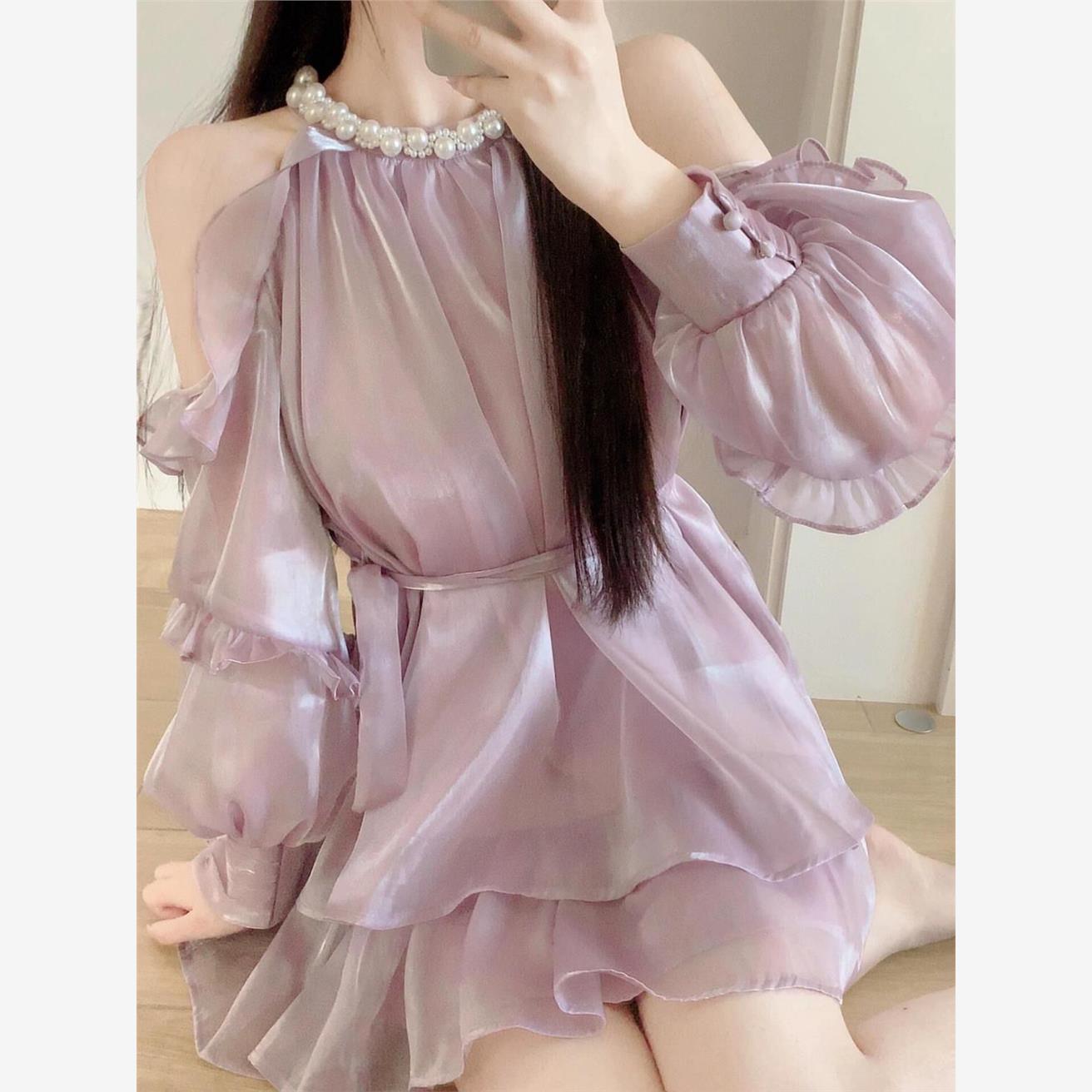 法式气质露肩挂脖连衣裙女2025春夏新款高级感显瘦a字蓬蓬仙女裙