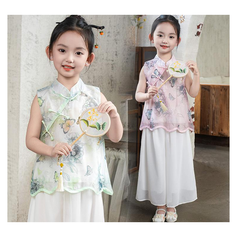 2025新款夏季女童旗袍裙杏色粉色优雅复古儿童连衣裙百搭裙子