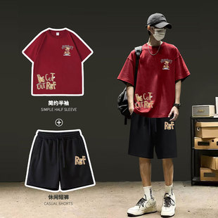 加肥加大青少年夏季短袖t恤男孩衣服学生酷帅气大码夏装纯棉套装