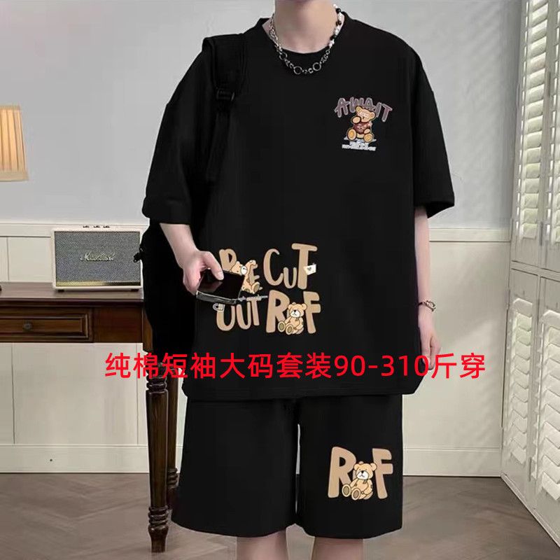 胖子男装大码短袖短裤套装肥佬加肥加大码纯棉一套宽松休闲两件套