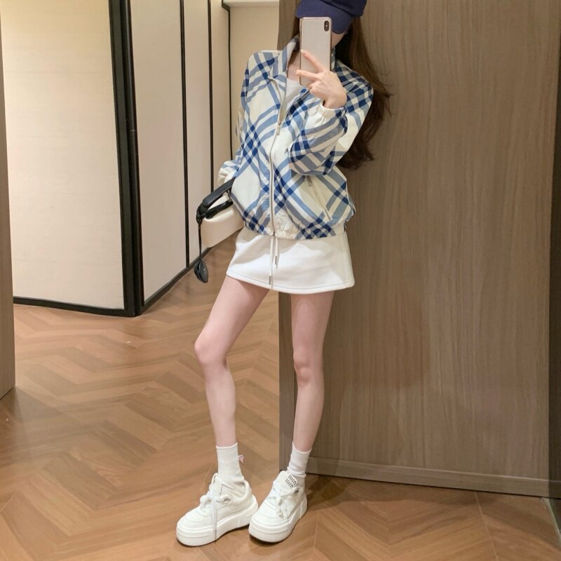 蓝白格纹立领短款防晒外套女 韩短外套