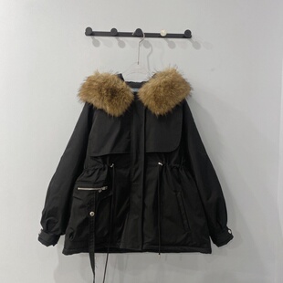 高端轻奢酷飒风黑色短款派克服女秋冬貉子毛领收腰工装棉服外套女