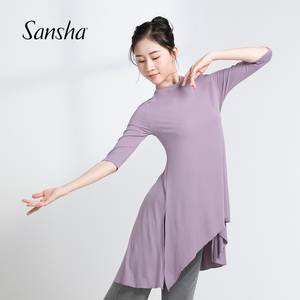 sansha 三沙现代舞服女 五分袖上衣不规则开叉下摆舞蹈服练功服