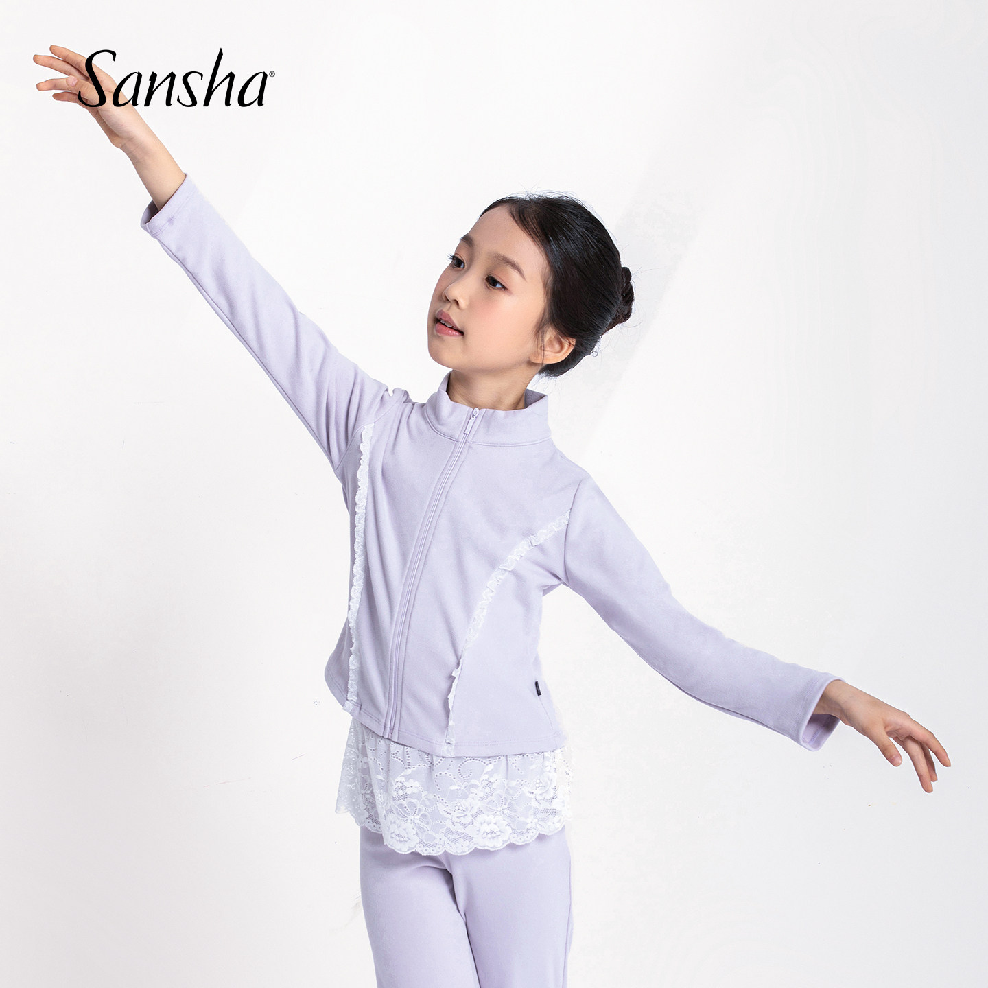 Sansha 三沙儿童舞蹈外套 秋冬保暖练功服上衣蕾丝拼接长裤套装