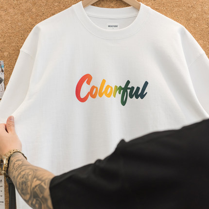 原创265g全棉夏季加厚落肩宽松三本针圆领短袖彩虹字母T恤男女款