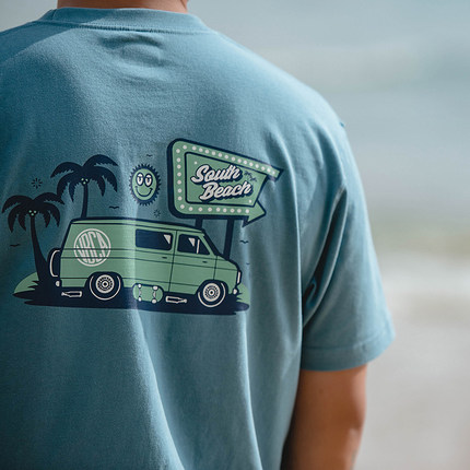 夏季纯棉225g原创水洗宽松创意沙滩主题圆领短袖印花t恤情侣潮款