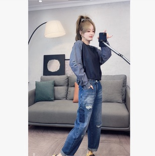 胖mm宽松九分阔腿老爹裤 大码 女秋冬新款 复古撞色破洞哈伦牛仔裤