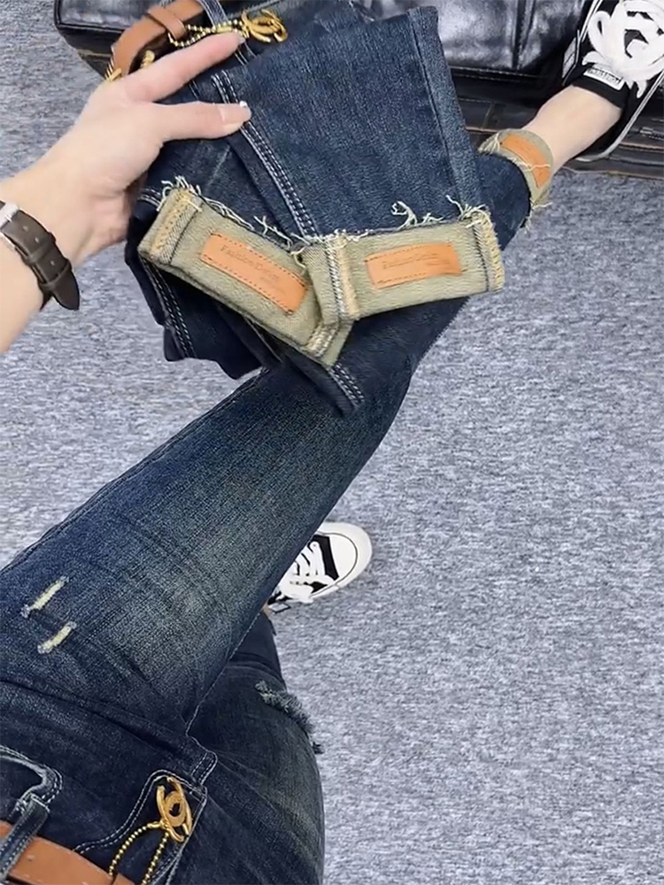 大码高腰磨破弹力修身九分铅笔裤
