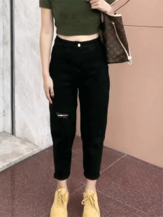 黑色哈伦加绒牛仔裤女2025高腰大码秋冬胖mm显瘦八分小个子萝卜裤