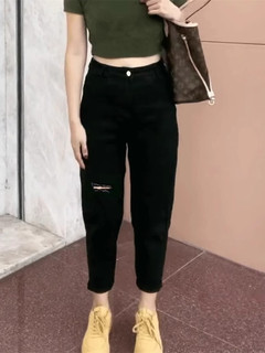 黑色哈伦破洞牛仔裤女2025高腰大码春秋胖mm显瘦八分小个子萝卜裤