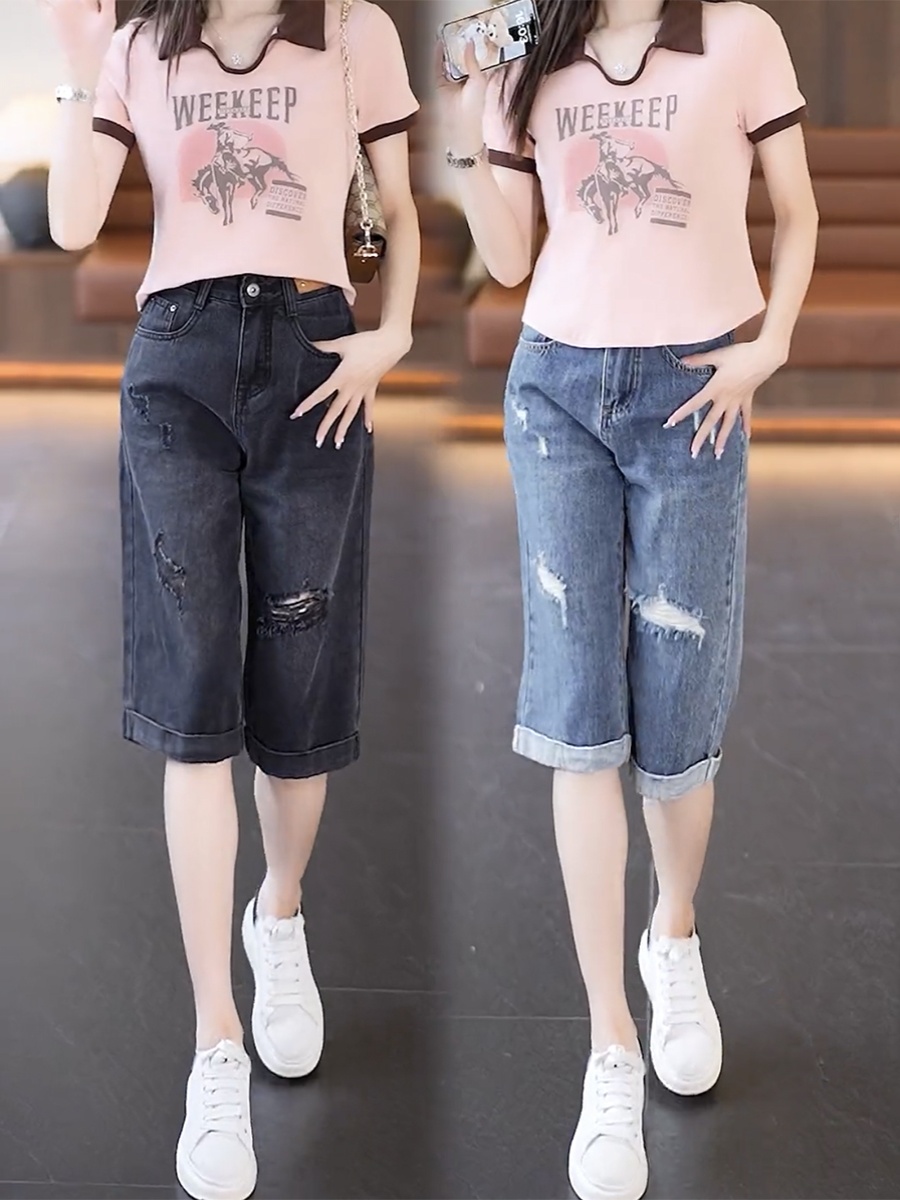 梨型身材薄款直筒牛仔短裤子2025大码夏季女新款显瘦破洞五六分裤