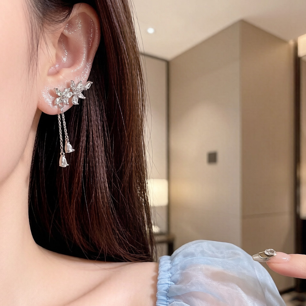 S925银针韩版新款超闪锆石翅膀耳环女高级设计感长款流苏耳钉耳饰