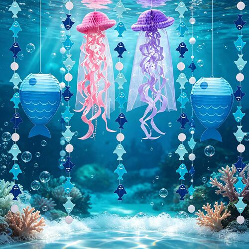 海洋主题美人鱼拉花装饰纸灯笼水母蜂窝挂饰儿童派对生日布置用品