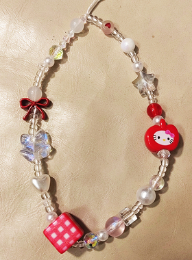 半个苹果红色蝴蝶结链挂绳串珠可爱ccd相机包包装饰品挂件挂饰ins