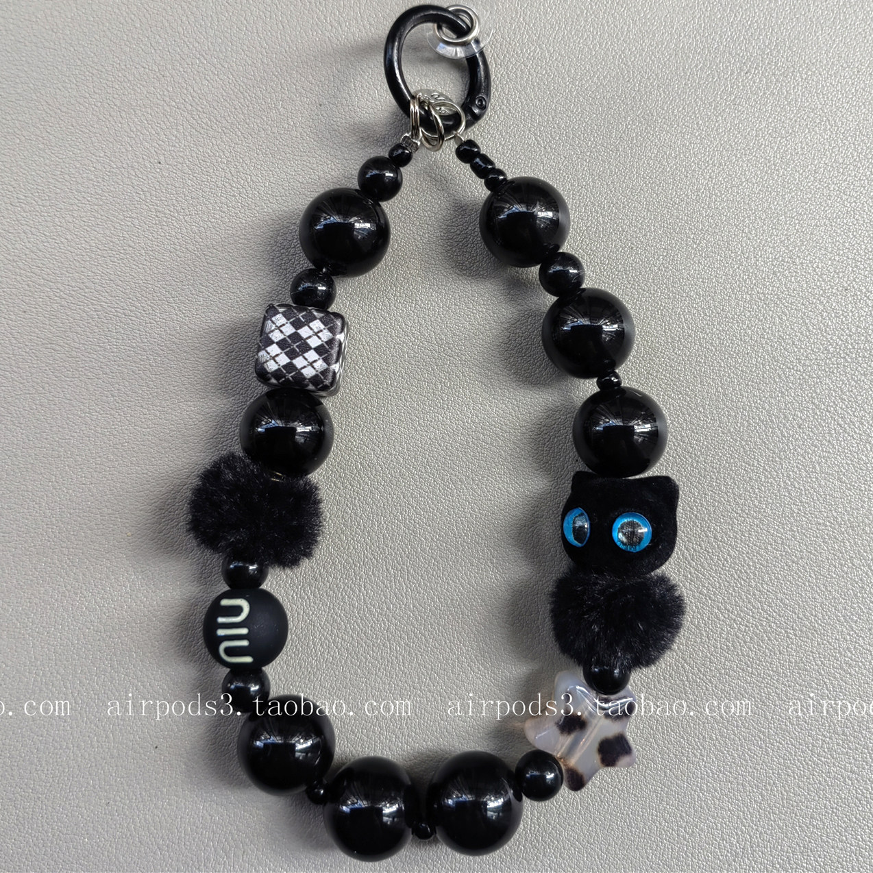 高颜值ins植绒黑猫辣妹手机链手机挂饰链条ccd短款相机挂绳串珠女