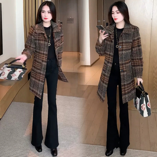 时尚毛呢外套女2026秋冬新款洋气显瘦千鸟格中长款妮子风衣大衣潮
