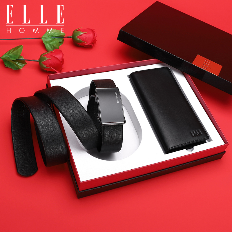 elle homme真皮腰带男士头层牛皮长款钱包礼盒套装品牌礼物男士