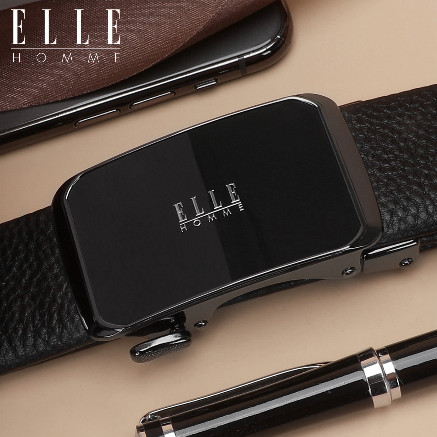 ELLE HOMME新款真皮腰带男商务休闲自动扣皮带年轻人品牌正装裤带