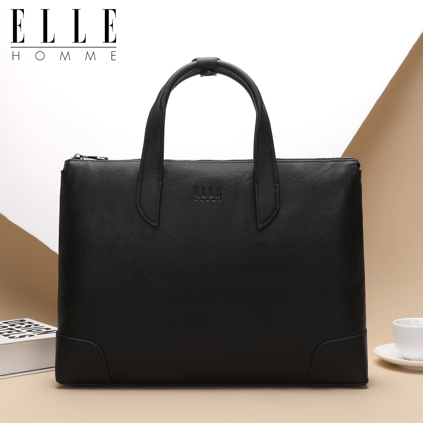 ELLE HOMME新款真皮手提包男商务公文包大容量轻奢品牌牛皮公务包