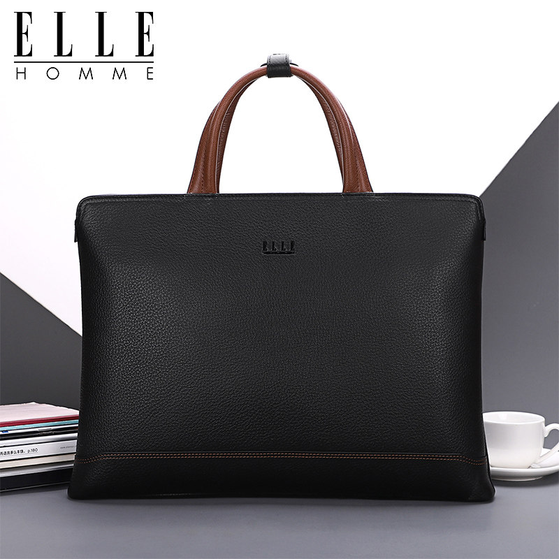 ELLE HOMME真皮男包横款公文包手提包细腻头层牛皮男士商务大容量