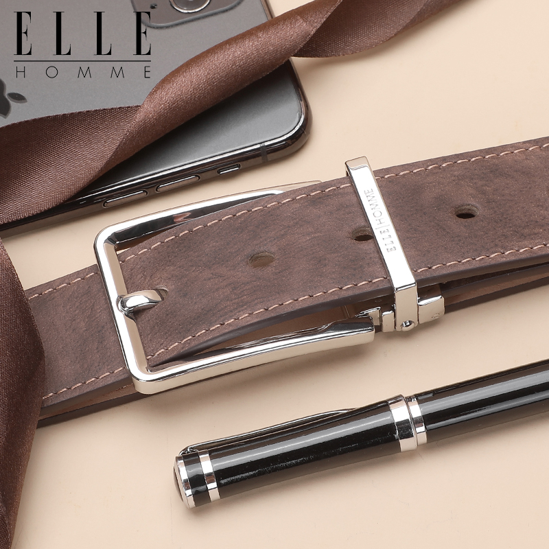 ELLEHOMME男士复古真皮针扣皮带