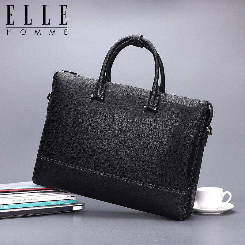 ELLE HOMME新款真皮单肩包头层牛皮男包横款公文包大容量斜跨手提