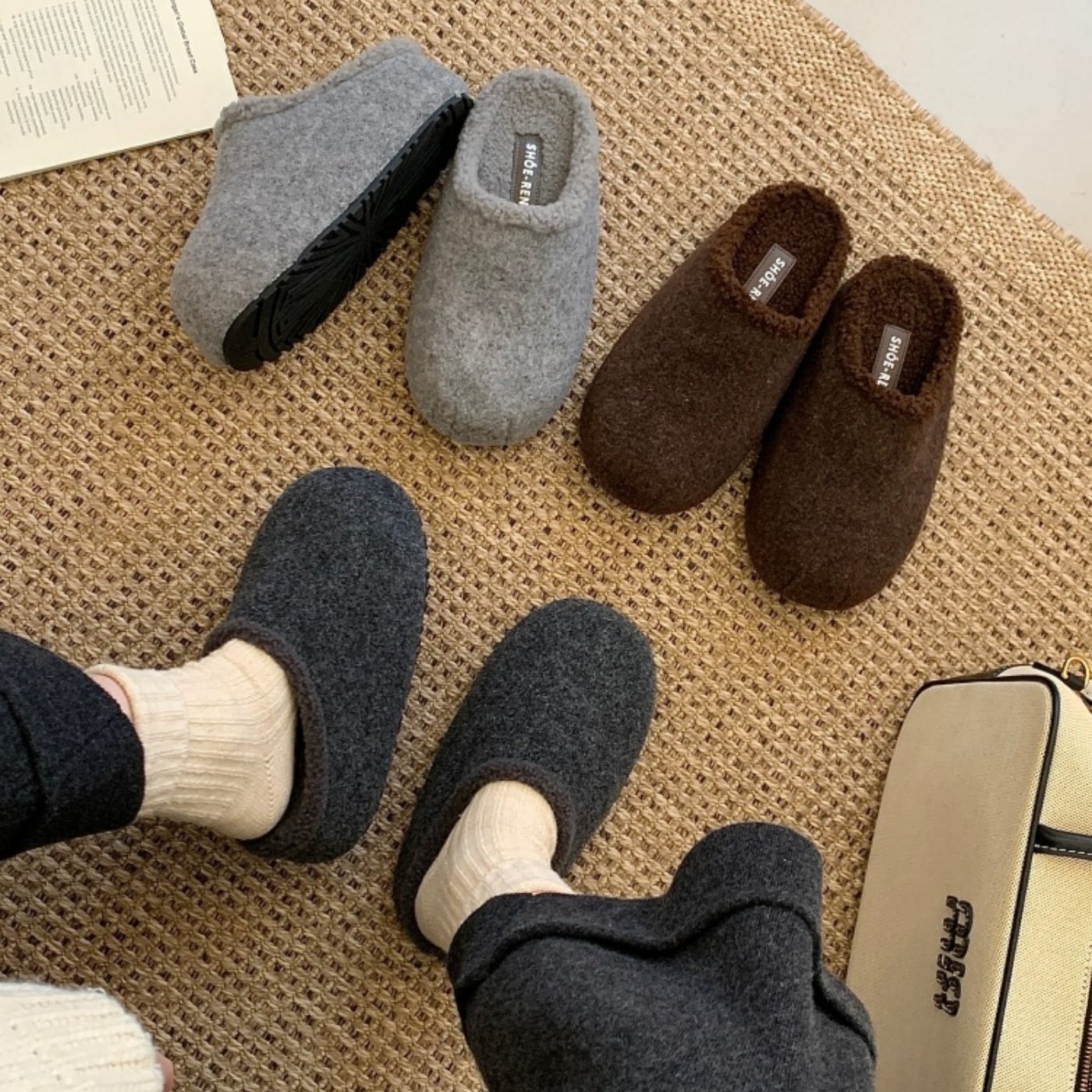 7CM厚底增高毛毛鞋女外穿冬季新款勃肯鞋包头半拖鞋毛呢加绒棉鞋