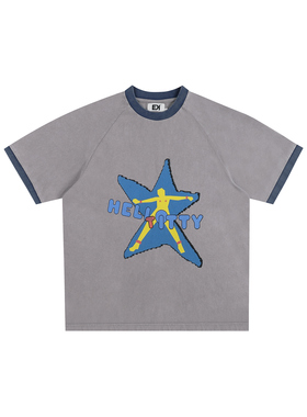 EK/EVILKNIGHT春夏五星人像撞色印花宽松百搭2025休闲短袖圆领T恤