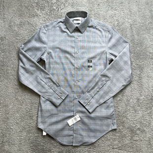 14.5码CK/Calvin Klein男slim上班商务开会正装长袖拼接灰色衬衫