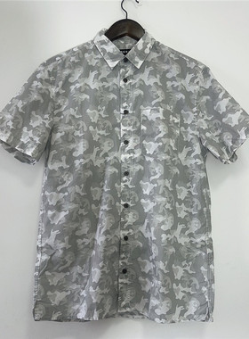 DKNY唐可娜儿男士夏季宽松休闲透气翻领灰色迷彩短袖衬衫休闲衬衣