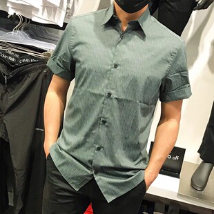 捡漏!瑕疵M码CK/Calvin Klein男士夏季雨滴复古短袖衬衫翻领衬衣