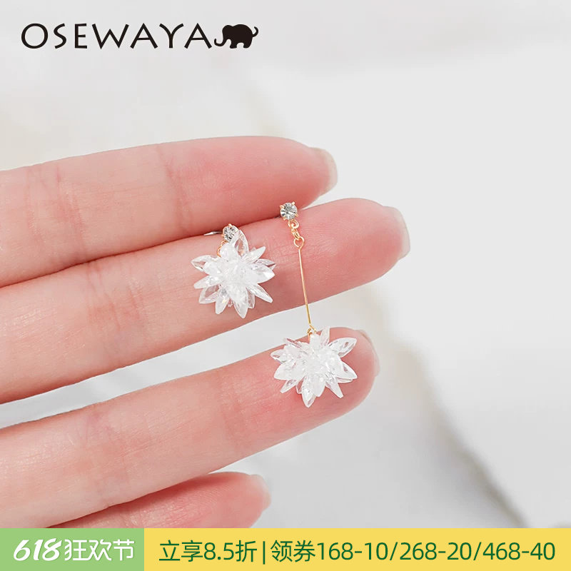 OSEWAYA耳钉立体白色雪花水晶冰花耳环女高级感无耳洞耳夹小香风