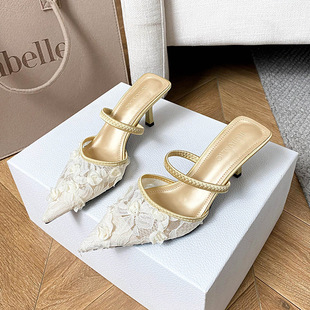 仙女细跟鞋女2025年新款法式甜美气质名媛网纱花朵浅口包头凉
