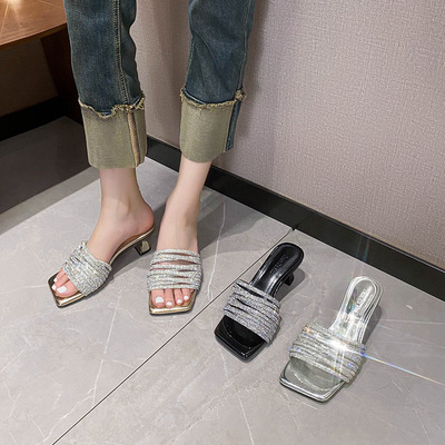 法式配裙子凉拖鞋女夏外穿百搭高跟仙女风水钻银色大码女鞋41一43