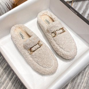 2024秋冬半拖毛鞋冬外穿款平底羊毛羔豆豆鞋大码加绒单鞋厚底百搭