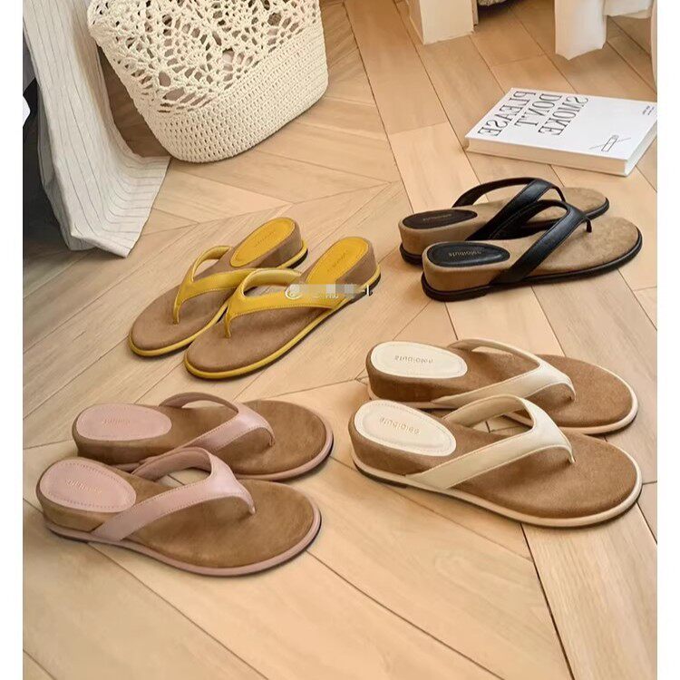 葡萄妈同款 4.5cm~度假风外穿夹趾坡跟真皮人字凉拖鞋女夏季