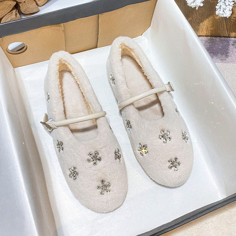 水钻毛毛女外穿2025新款秋冬平底棉拖鞋加绒毛毛鞋大码女鞋41一43