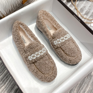 毛毛鞋女冬外穿2025冬季平底羊羔毛女鞋一脚蹬厚底豆豆鞋百搭保暖