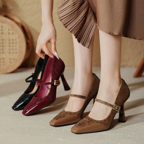 法式玛丽珍红色高跟鞋细跟9cm性感2025新款豹纹拼接方头高跟单鞋