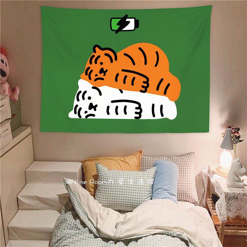 原创呆萌胖虎背景布 卧室卡通挂布租房改造宿舍装饰墙布ins挂毯大