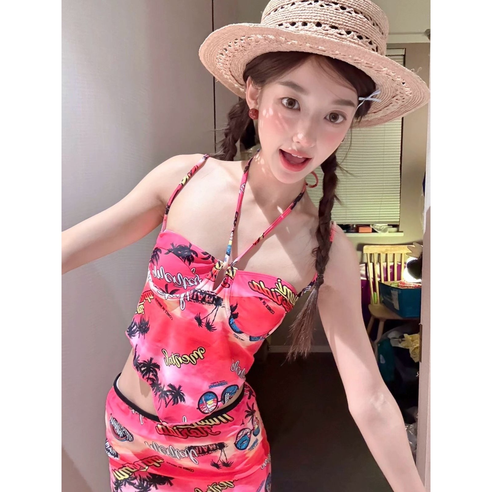 加州辣妹泰国韩国设计师款比基尼分体泳衣女小胸聚拢钢托显瘦遮肚