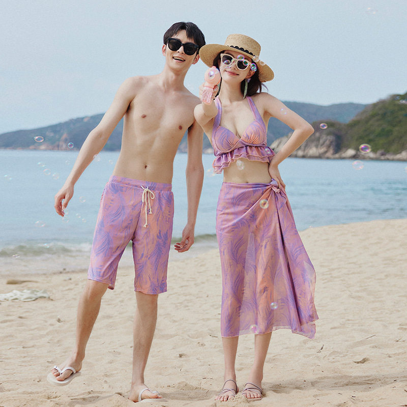 情侣泳衣女夏比基尼三件套聚拢遮肚显瘦保守仙女范温泉度假游泳装