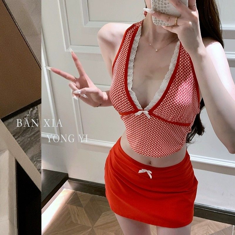 2025新款泳衣女复古红色格子露背性感辣妹风分体裙式比基尼泡温泉