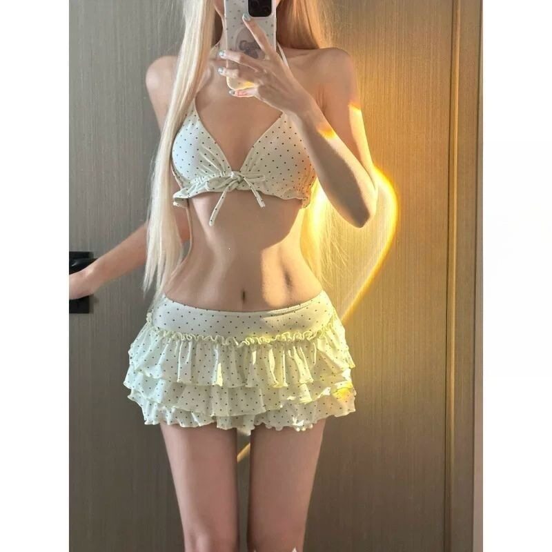 法式甜美波点蝴蝶结蛋糕裙纯欲风分体泳衣女三件套比基尼小胸遮肚