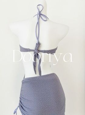 2025新款高级感细闪水钻紫色小胸钢托聚拢遮肚露背连体泳衣女温泉